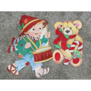 Vintage Flocked Die Cut Christmas Wall Decorations Eureka USA Bear & Drummer Boy